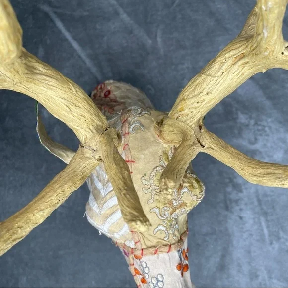 Faux Kantha Patchwork Fabric Covered Deer Stag Head Decor with Antlers